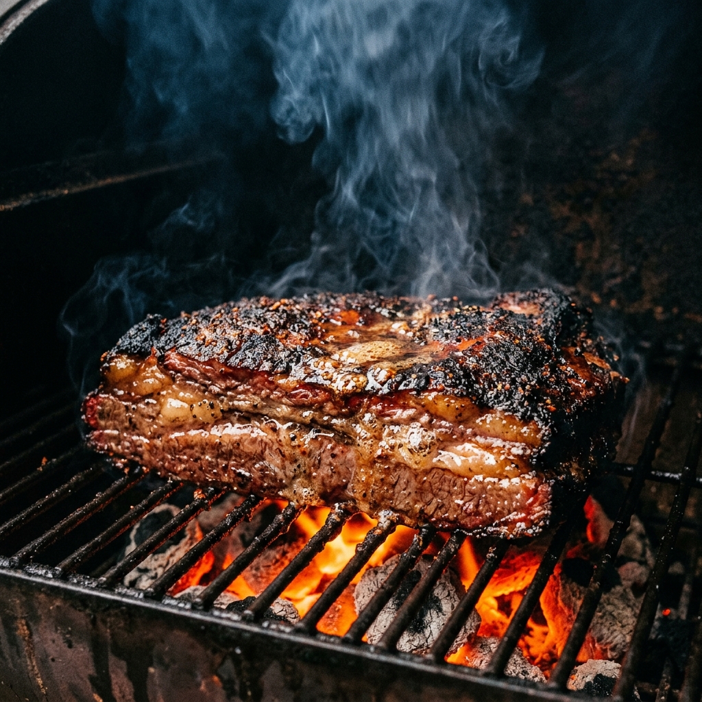 Premium BBQ wagyu sizzling over charcoal